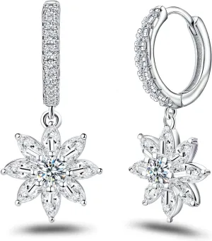 Sterling Silver Sparkling CZ Flower Dangle Hoop Earrings Dainty Small Crystal Daisy Flower Huggie Hoop Earrings Piercing Cartilage Jewelry for Women Wedding Birthday Party Gift Daughter Her
