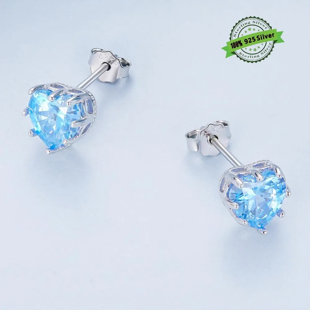 Sterling Silver Sparkling Heart Birthstone Studs Earrings 925 Silver Jewelry for Women