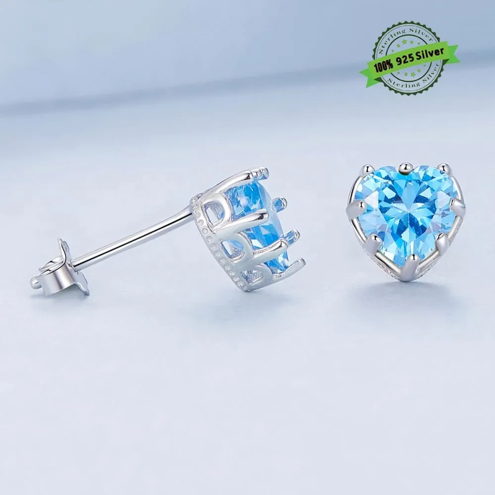 Sterling Silver Sparkling Heart Birthstone Studs Earrings 925 Silver Jewelry for Women