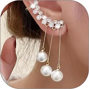 Stocking Stuffers Holiday Outfits for Women 2024 Pearl Ear Cuff for Women Faux Pearl Tassel Earrings Sparkling Rhinestone Earrings No Piercing Statement Earrings for Womens