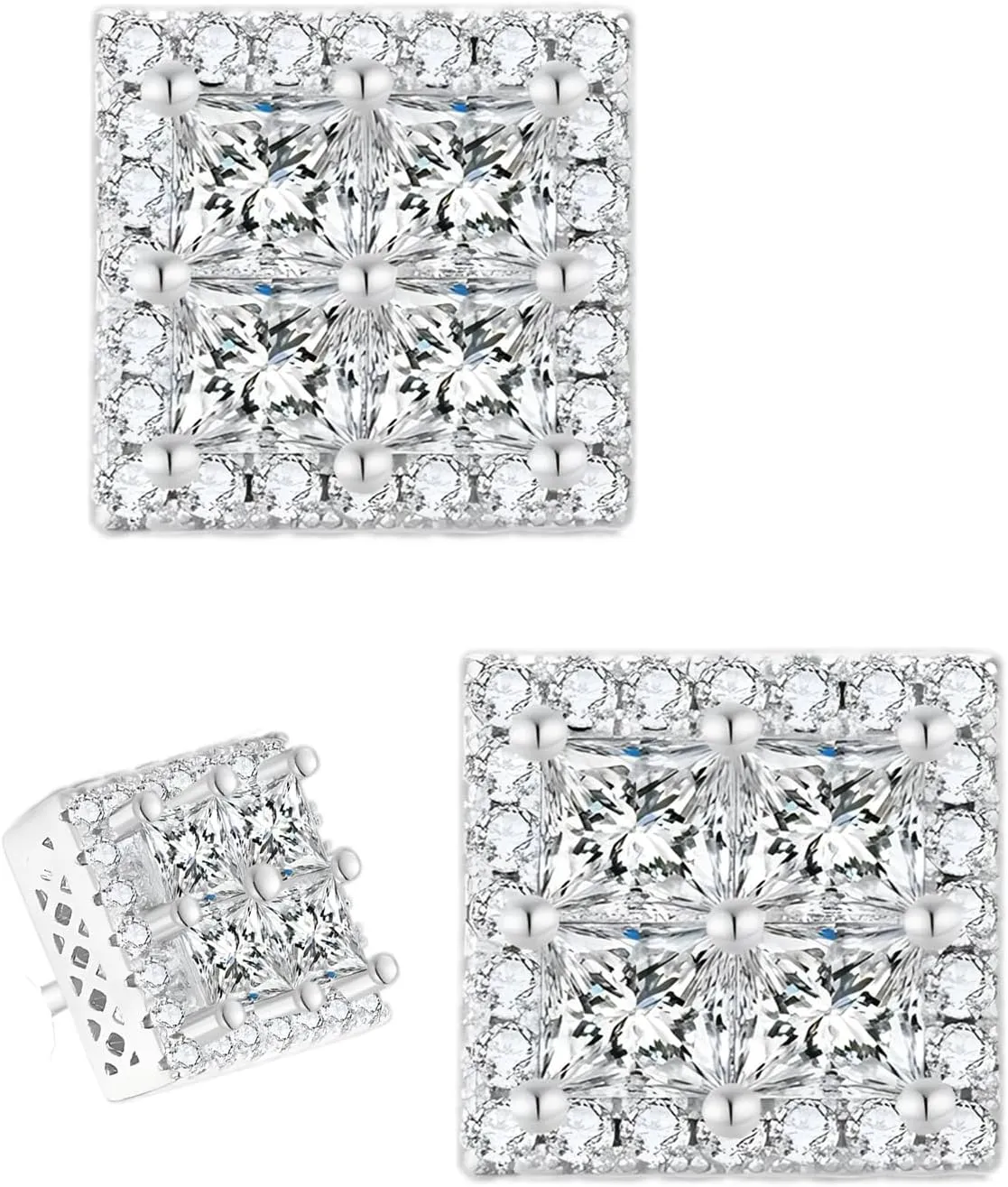 Stud Earrings For Men- Silver Stud Earrings Silver Plated Sparkling Cubic Zirconia Earring Studs for Men Hypoallergenic Round Square Womens Stud Earrings
