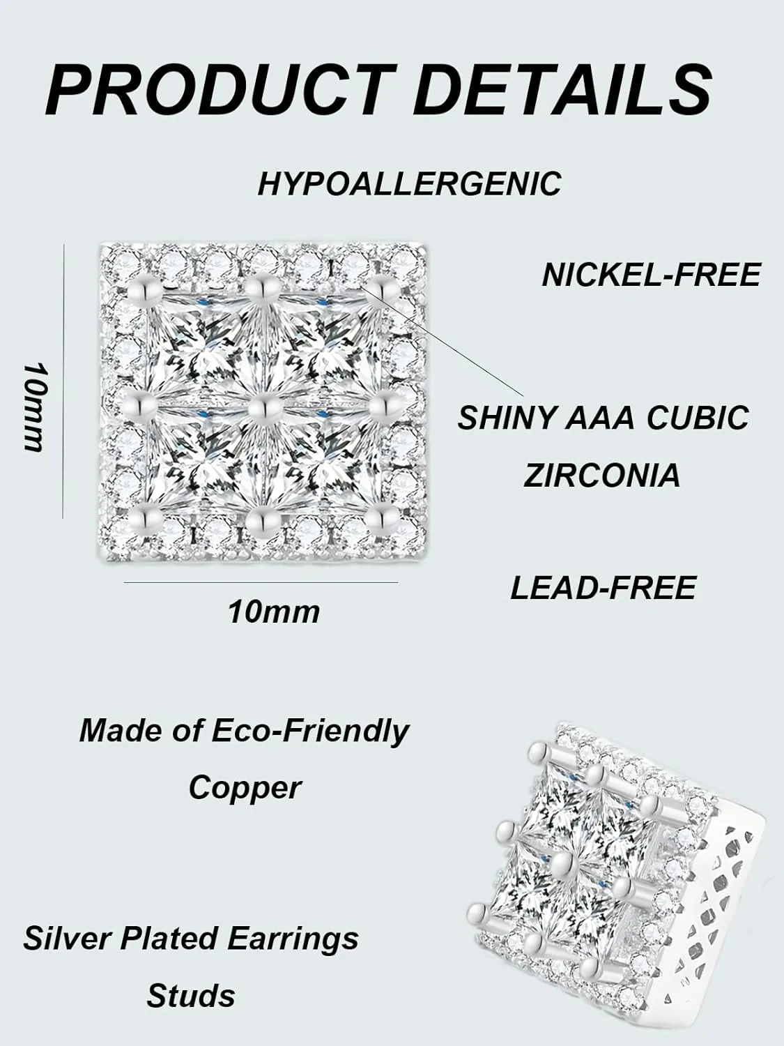 Stud Earrings For Men- Silver Stud Earrings Silver Plated Sparkling Cubic Zirconia Earring Studs for Men Hypoallergenic Round Square Womens Stud Earrings