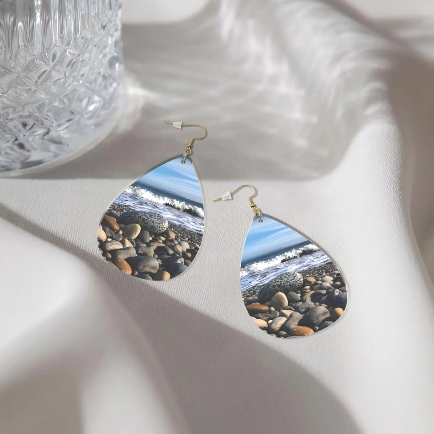 Stylish Drop-Shaped Acrylic Earrings Lightweight Printed Teardrop Dangle Earrings for Women (Beach Rock)