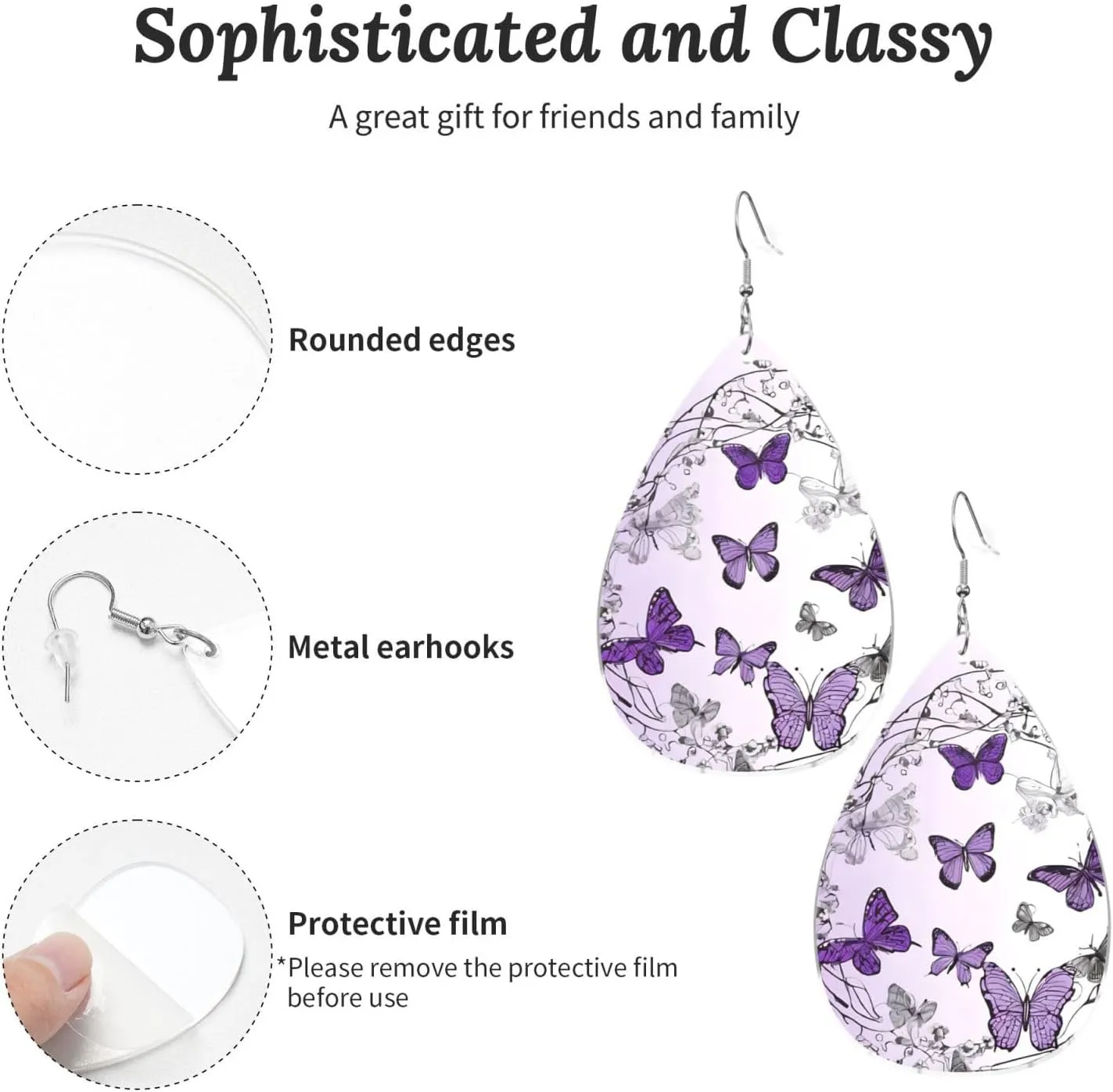 Stylish Drop-Shaped Acrylic Earrings Lightweight Printed Teardrop Dangle Earrings for Women (Beautiful Purple Butterfly Art)