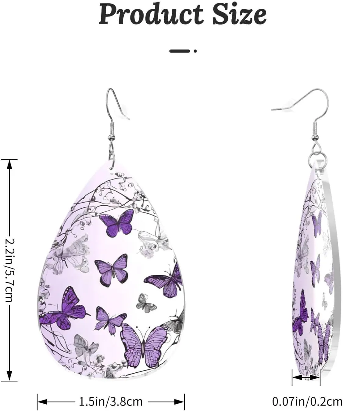 Stylish Drop-Shaped Acrylic Earrings Lightweight Printed Teardrop Dangle Earrings for Women (Beautiful Purple Butterfly Art)