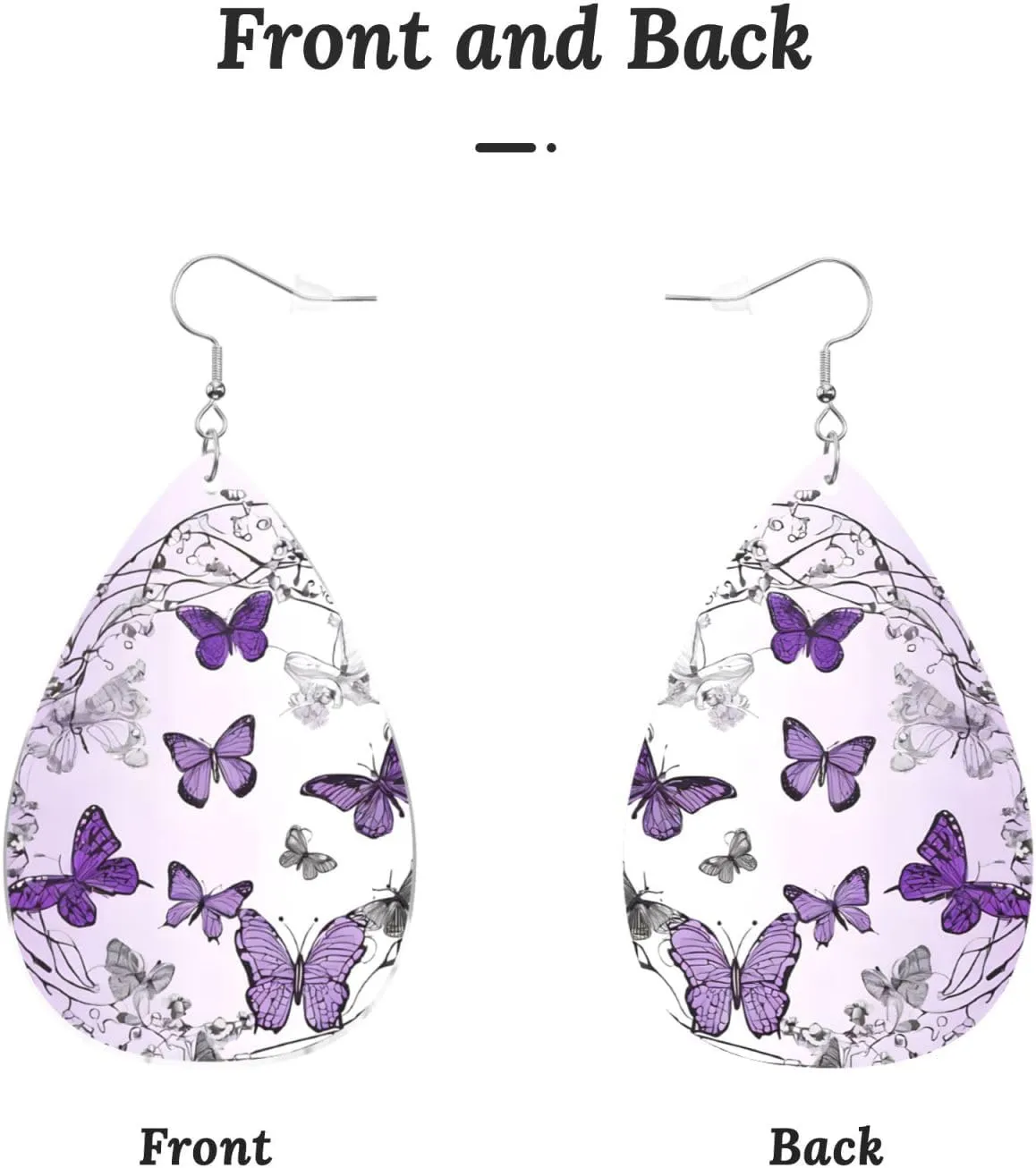 Stylish Drop-Shaped Acrylic Earrings Lightweight Printed Teardrop Dangle Earrings for Women (Beautiful Purple Butterfly Art)