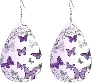 Stylish Drop-Shaped Acrylic Earrings Lightweight Printed Teardrop Dangle Earrings for Women (Beautiful Purple Butterfly Art)