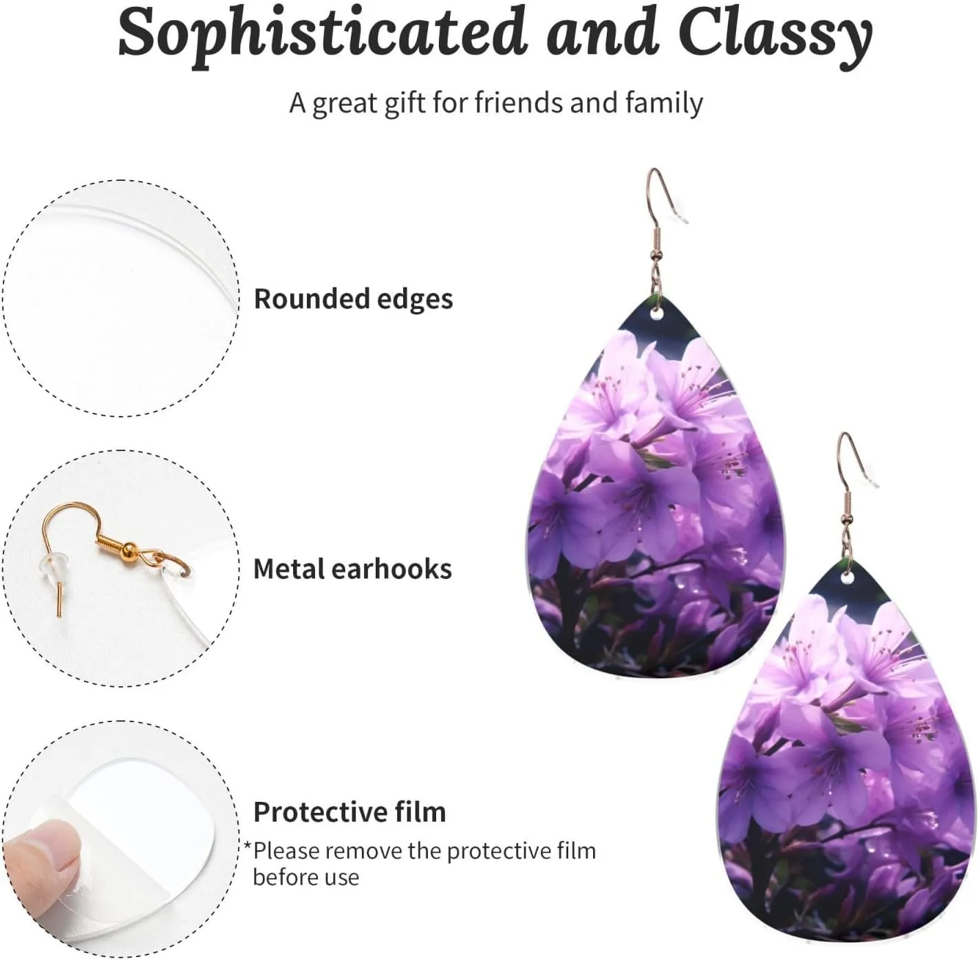 Stylish Drop-Shaped Acrylic Earrings Lightweight Printed Teardrop Dangle Earrings for Women (Blooming Purple Flowers)