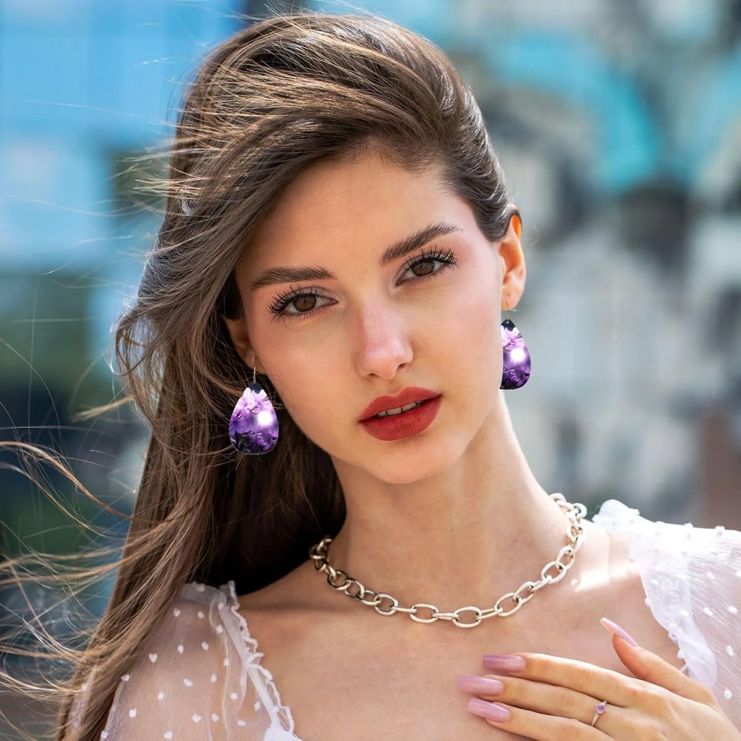 Stylish Drop-Shaped Acrylic Earrings Lightweight Printed Teardrop Dangle Earrings for Women (Blooming Purple Flowers)