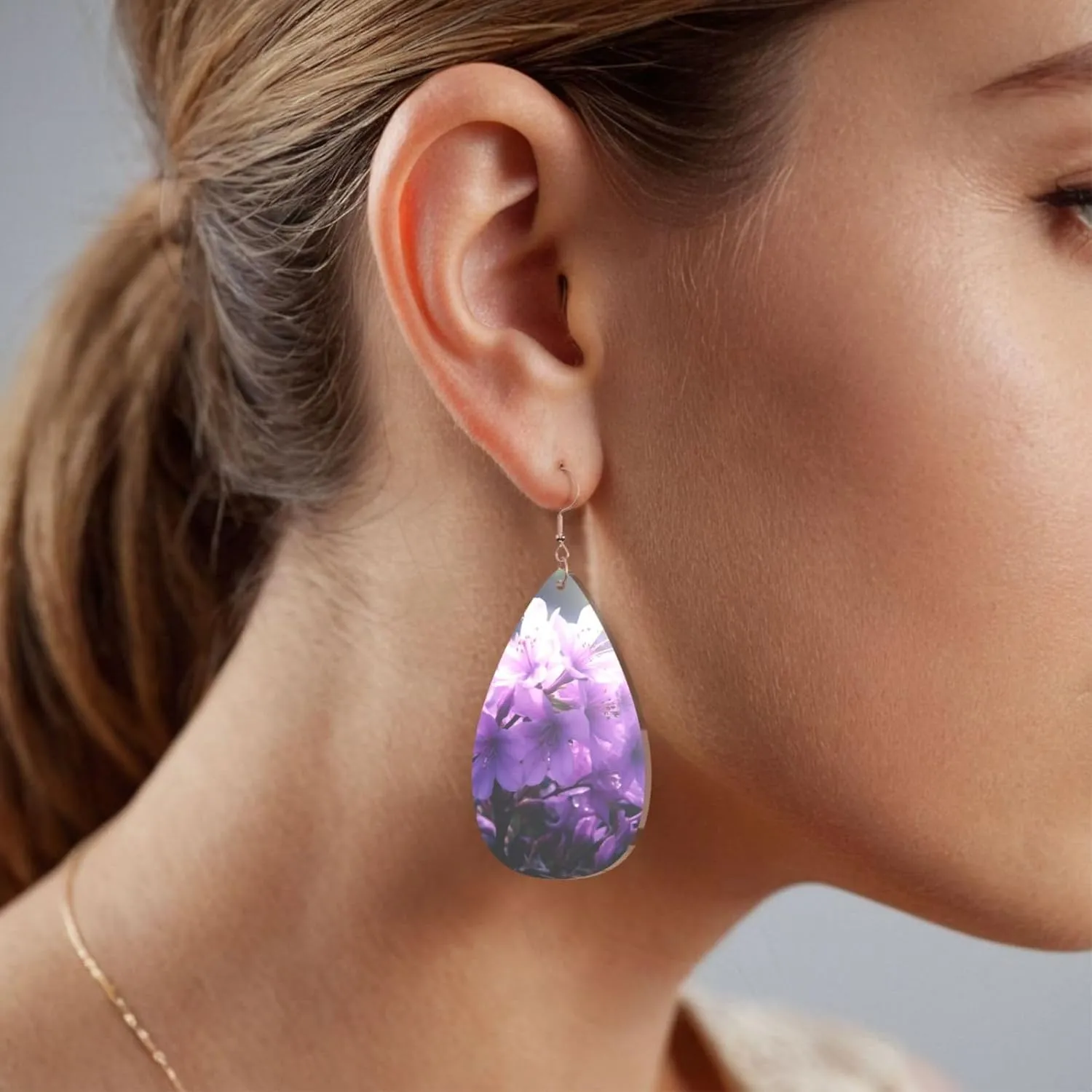 Stylish Drop-Shaped Acrylic Earrings Lightweight Printed Teardrop Dangle Earrings for Women (Blooming Purple Flowers)