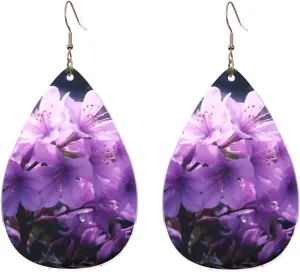 Stylish Drop-Shaped Acrylic Earrings Lightweight Printed Teardrop Dangle Earrings for Women (Blooming Purple Flowers)