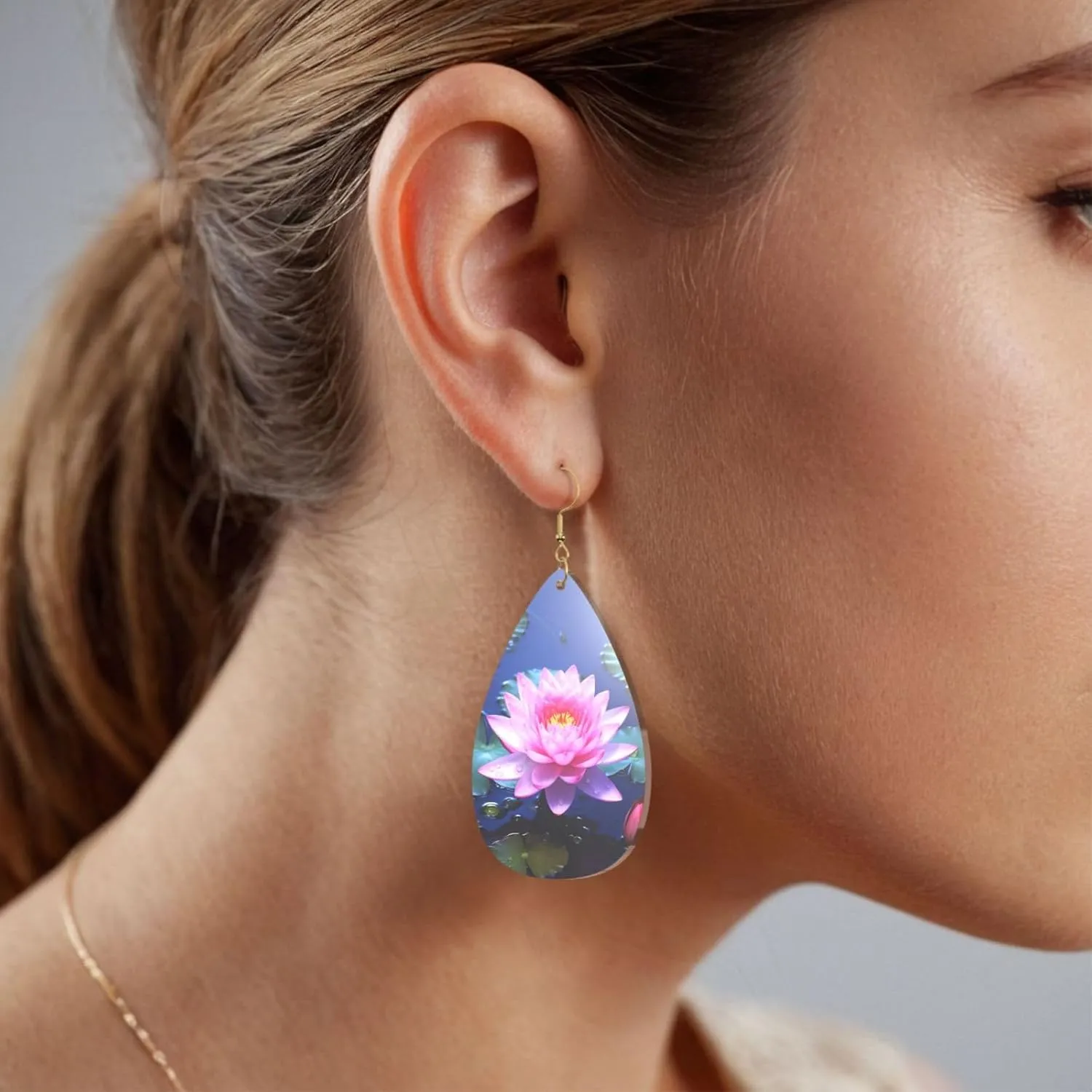 Stylish Drop-Shaped Acrylic Earrings Lightweight Printed Teardrop Dangle Earrings for Women (Bright Flower)