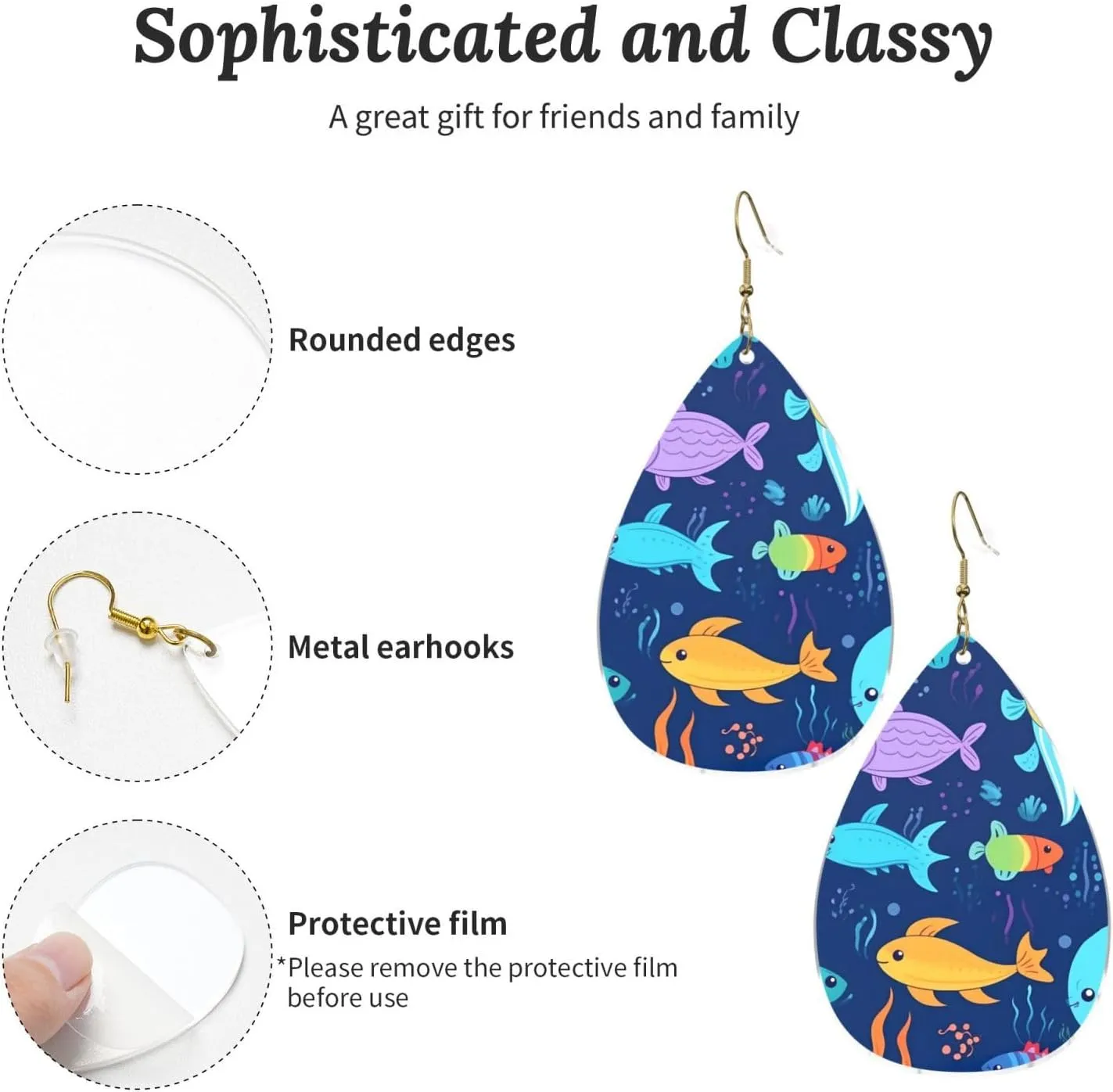 Stylish Drop-Shaped Acrylic Earrings Lightweight Printed Teardrop Dangle Earrings for Women (Cartoon Sea Fish)