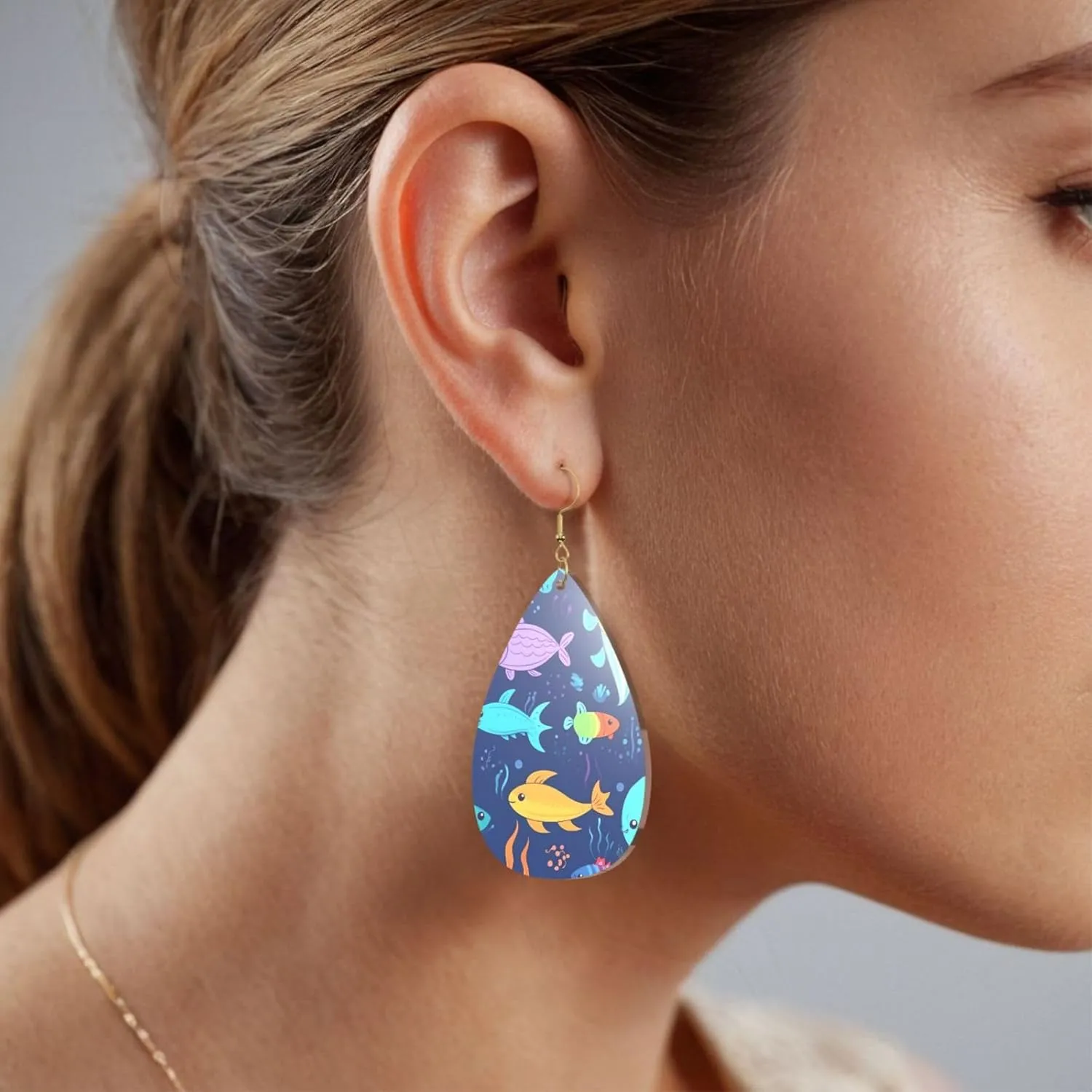 Stylish Drop-Shaped Acrylic Earrings Lightweight Printed Teardrop Dangle Earrings for Women (Cartoon Sea Fish)