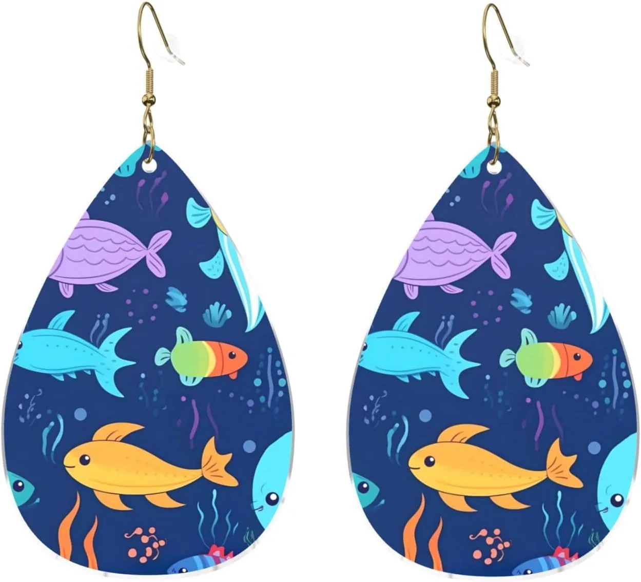 Stylish Drop-Shaped Acrylic Earrings Lightweight Printed Teardrop Dangle Earrings for Women (Cartoon Sea Fish)