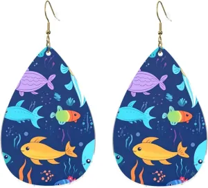 Stylish Drop-Shaped Acrylic Earrings Lightweight Printed Teardrop Dangle Earrings for Women (Cartoon Sea Fish)