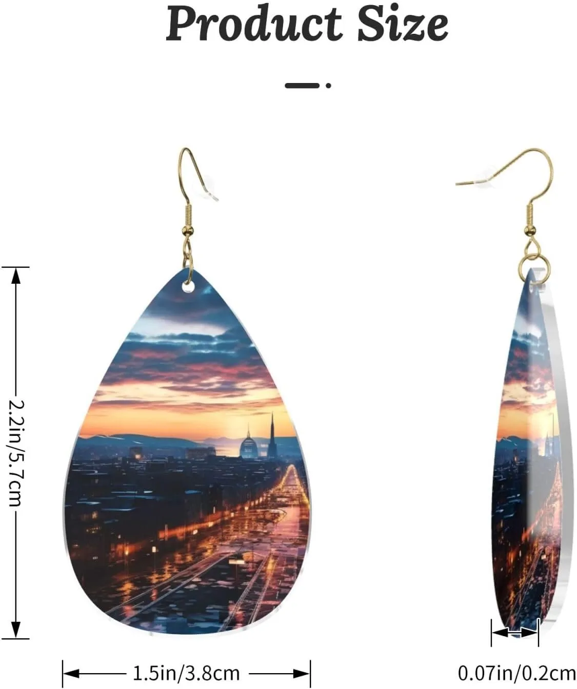 Stylish Drop-Shaped Acrylic Earrings Lightweight Printed Teardrop Dangle Earrings for Women (Cityscape Dusk)