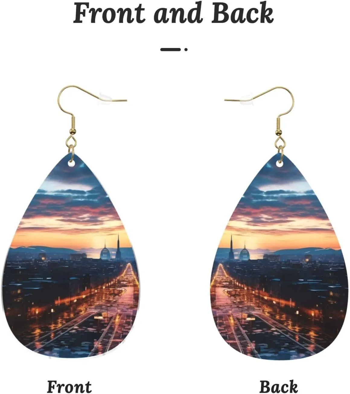 Stylish Drop-Shaped Acrylic Earrings Lightweight Printed Teardrop Dangle Earrings for Women (Cityscape Dusk)