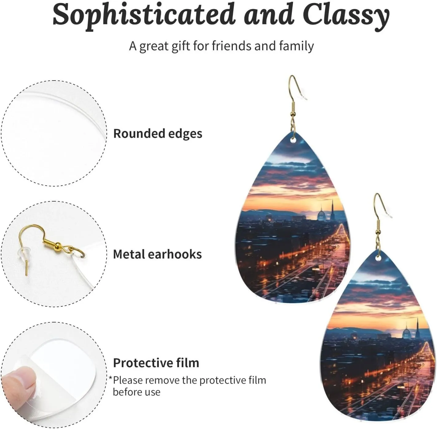 Stylish Drop-Shaped Acrylic Earrings Lightweight Printed Teardrop Dangle Earrings for Women (Cityscape Dusk)