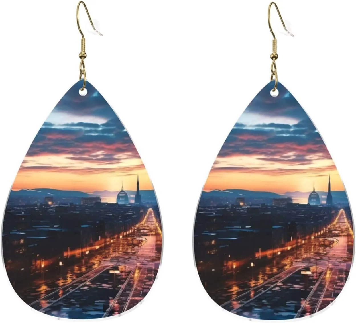 Stylish Drop-Shaped Acrylic Earrings Lightweight Printed Teardrop Dangle Earrings for Women (Cityscape Dusk)