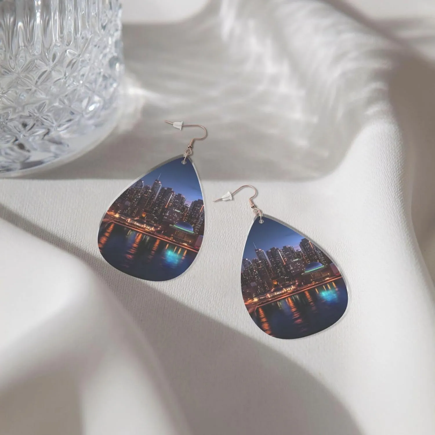 Stylish Drop-Shaped Acrylic Earrings Lightweight Printed Teardrop Dangle Earrings for Women (Cityscape Night Canada)