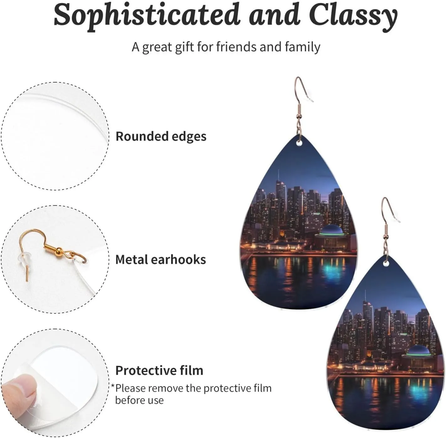 Stylish Drop-Shaped Acrylic Earrings Lightweight Printed Teardrop Dangle Earrings for Women (Cityscape Night Canada)