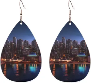 Stylish Drop-Shaped Acrylic Earrings Lightweight Printed Teardrop Dangle Earrings for Women (Cityscape Night Canada)