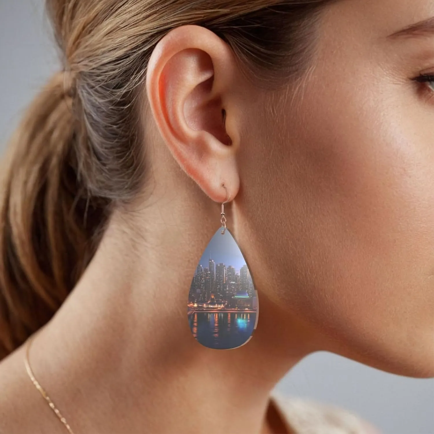 Stylish Drop-Shaped Acrylic Earrings Lightweight Printed Teardrop Dangle Earrings for Women (Cityscape Night Canada)