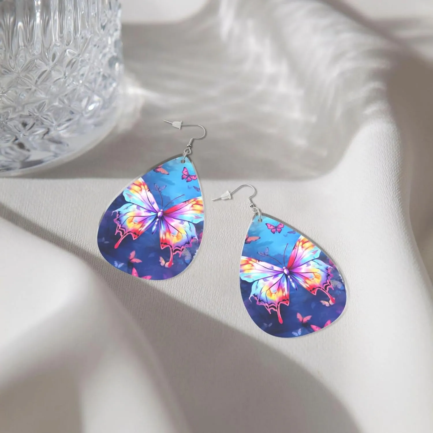 Stylish Drop-Shaped Acrylic Earrings Lightweight Printed Teardrop Dangle Earrings for Women (Colorful Butterfly)