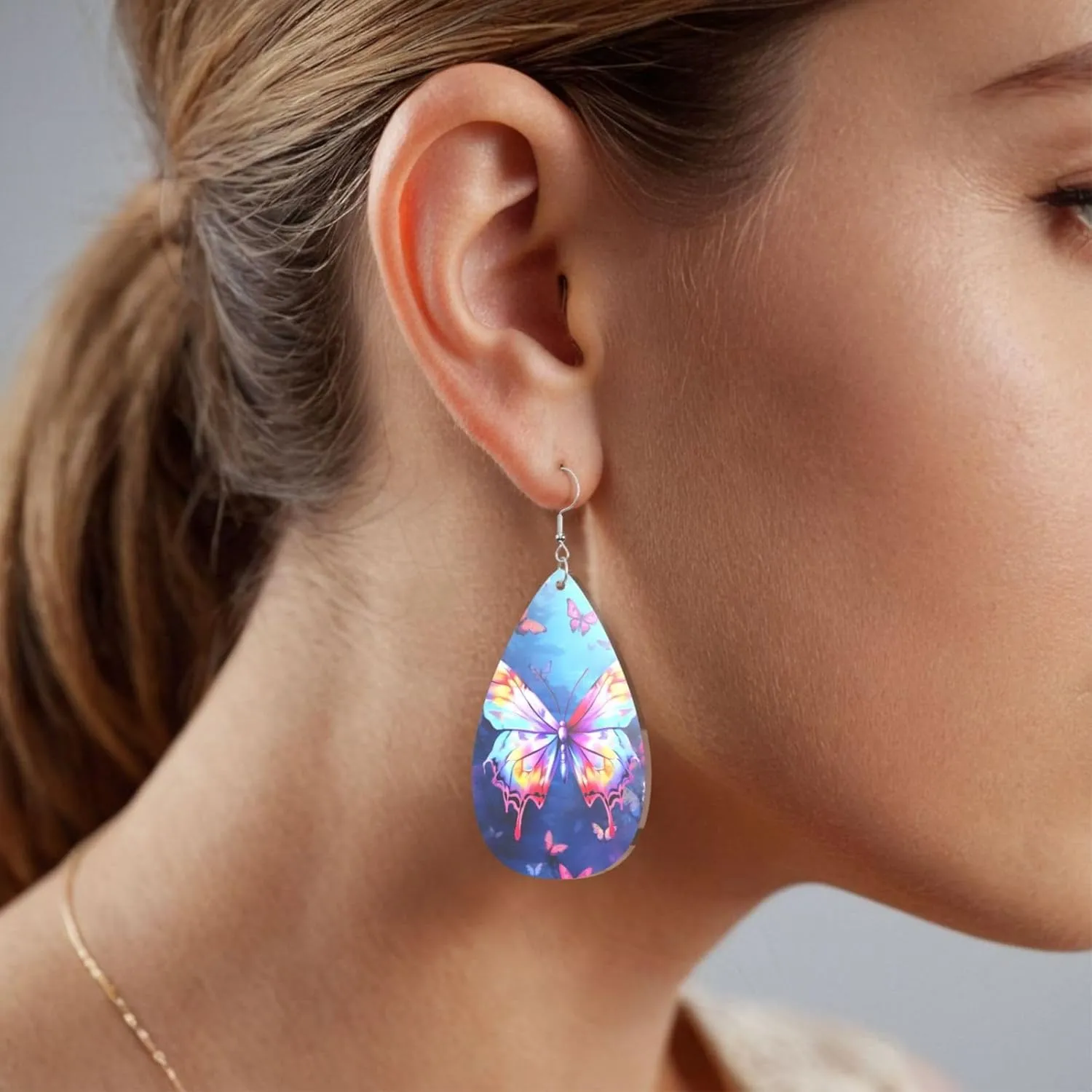 Stylish Drop-Shaped Acrylic Earrings Lightweight Printed Teardrop Dangle Earrings for Women (Colorful Butterfly)