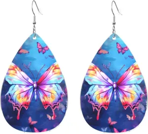 Stylish Drop-Shaped Acrylic Earrings Lightweight Printed Teardrop Dangle Earrings for Women (Colorful Butterfly)