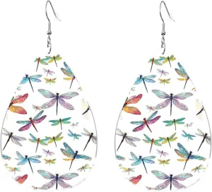 Stylish Drop-Shaped Acrylic Earrings Lightweight Printed Teardrop Dangle Earrings for Women (Colorful Dragonfly)