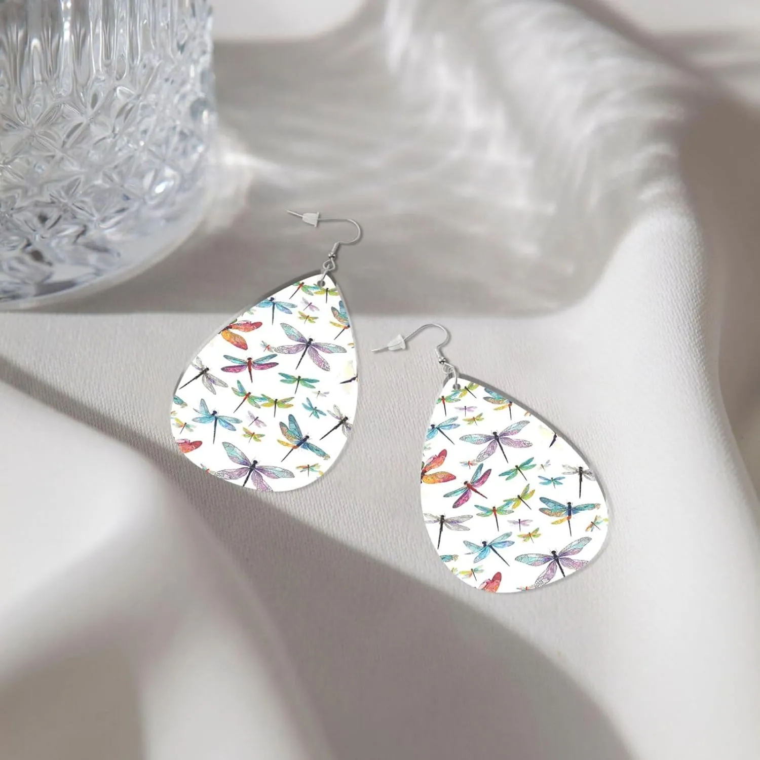 Stylish Drop-Shaped Acrylic Earrings Lightweight Printed Teardrop Dangle Earrings for Women (Colorful Dragonfly)