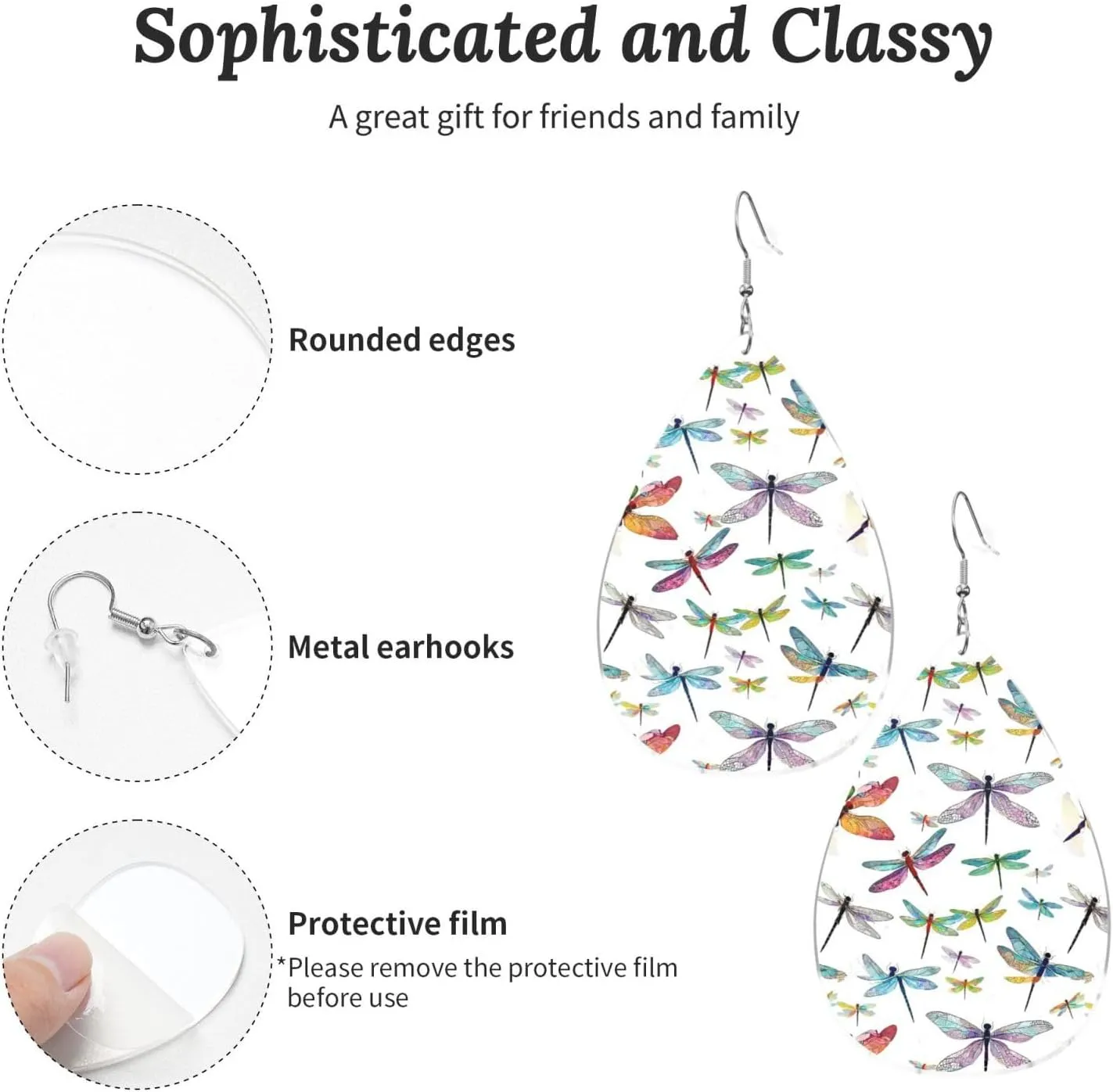 Stylish Drop-Shaped Acrylic Earrings Lightweight Printed Teardrop Dangle Earrings for Women (Colorful Dragonfly)