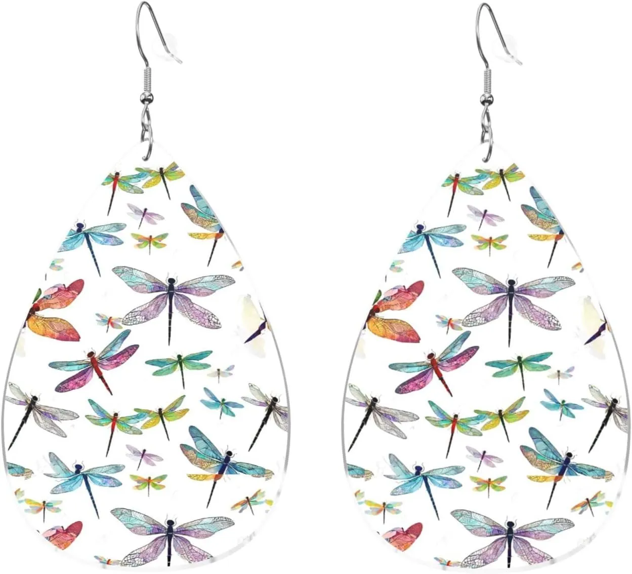 Stylish Drop-Shaped Acrylic Earrings Lightweight Printed Teardrop Dangle Earrings for Women (Colorful Dragonfly)