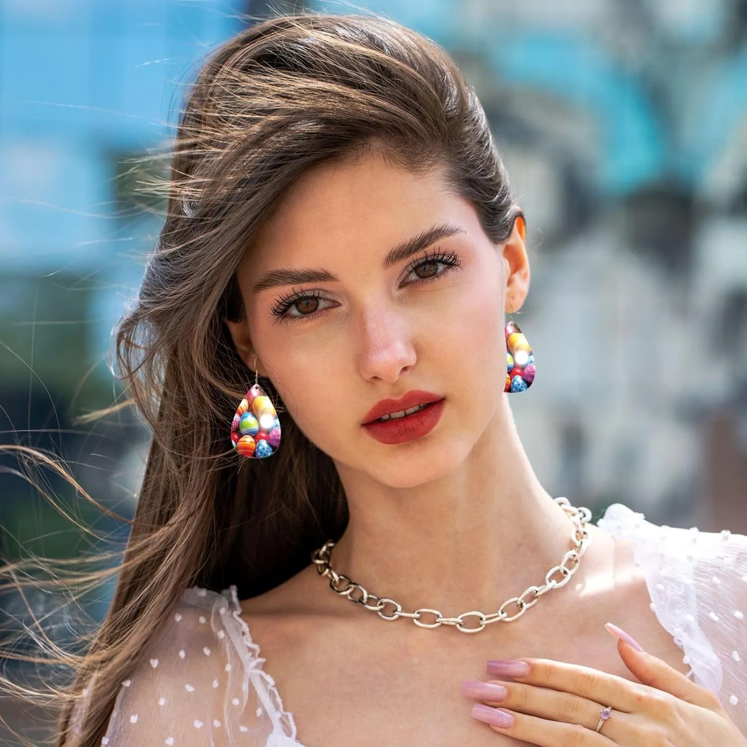 Stylish Drop-Shaped Acrylic Earrings Lightweight Printed Teardrop Dangle Earrings for Women (Colorful Eggs)