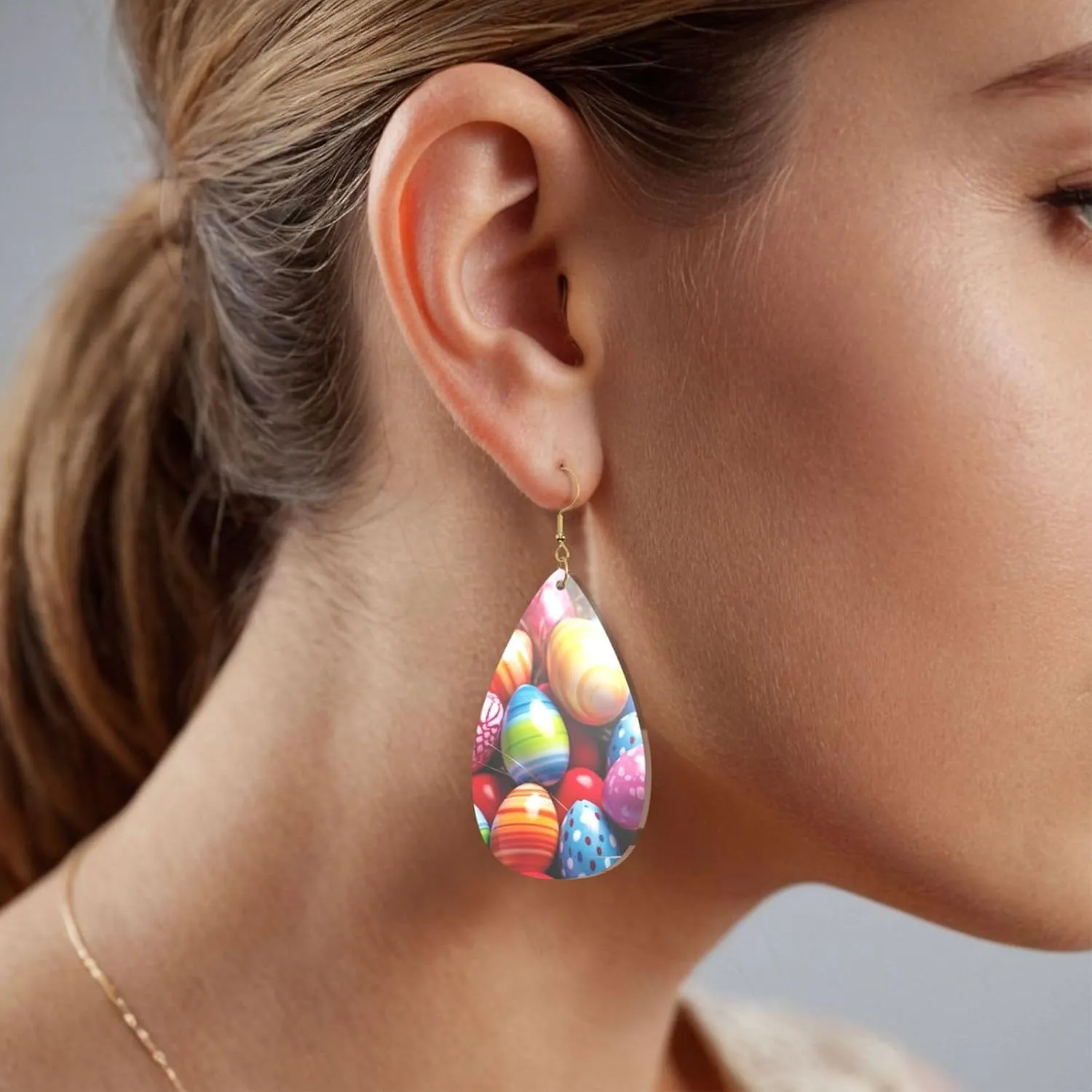 Stylish Drop-Shaped Acrylic Earrings Lightweight Printed Teardrop Dangle Earrings for Women (Colorful Eggs)