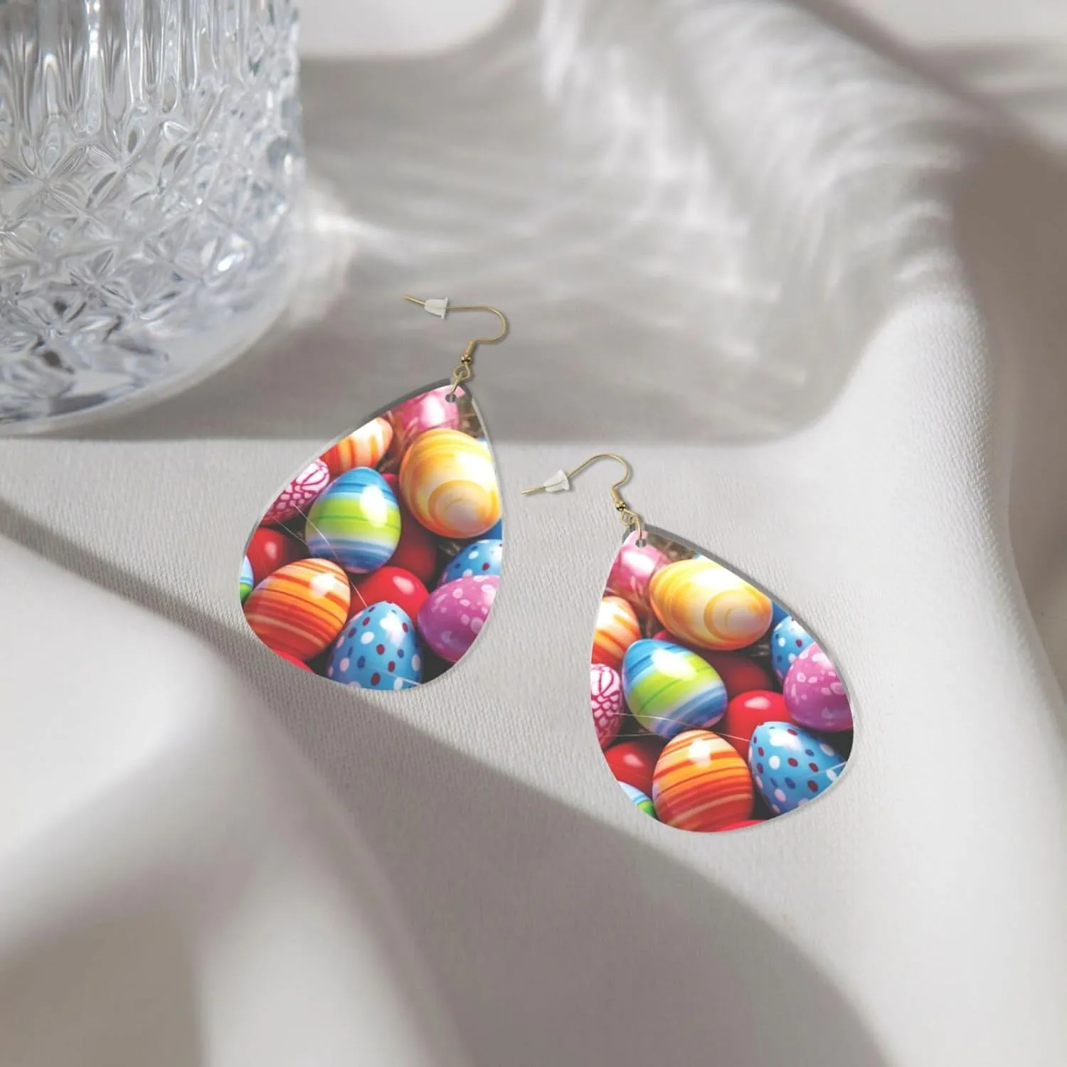 Stylish Drop-Shaped Acrylic Earrings Lightweight Printed Teardrop Dangle Earrings for Women (Colorful Eggs)