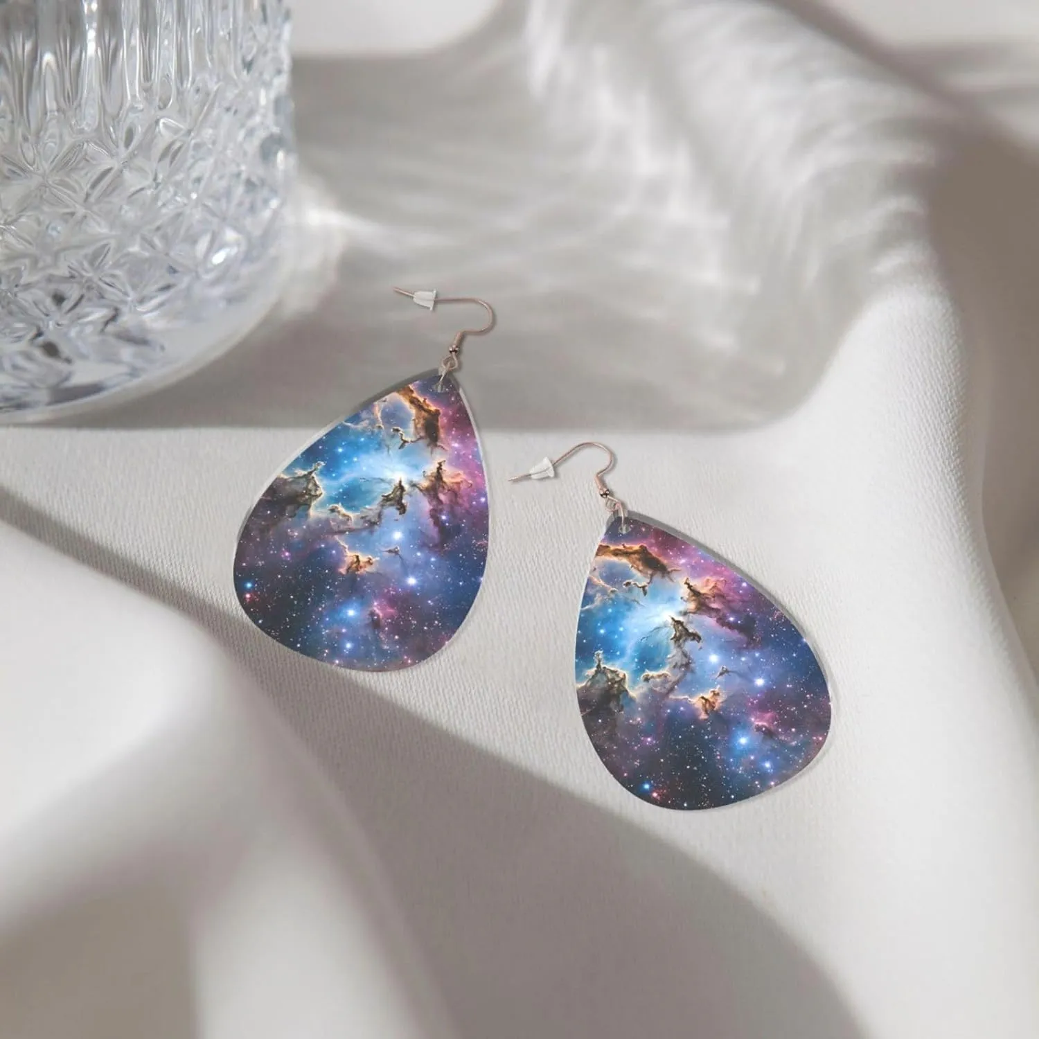 Stylish Drop-Shaped Acrylic Earrings Lightweight Printed Teardrop Dangle Earrings for Women (Colorful Galaxy)