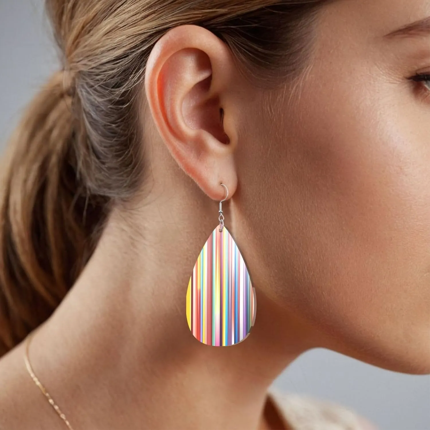 Stylish Drop-Shaped Acrylic Earrings Lightweight Printed Teardrop Dangle Earrings for Women (Colorful Stripes)