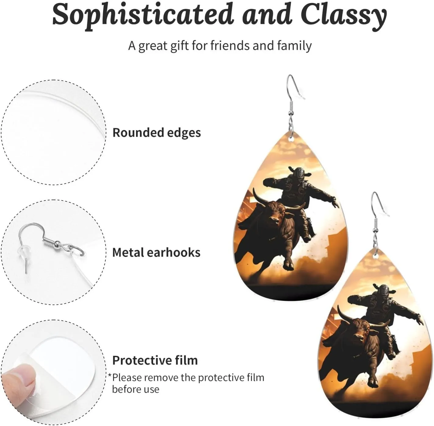 Stylish Drop-Shaped Acrylic Earrings Lightweight Printed Teardrop Dangle Earrings for Women (Cool Bull Riding)
