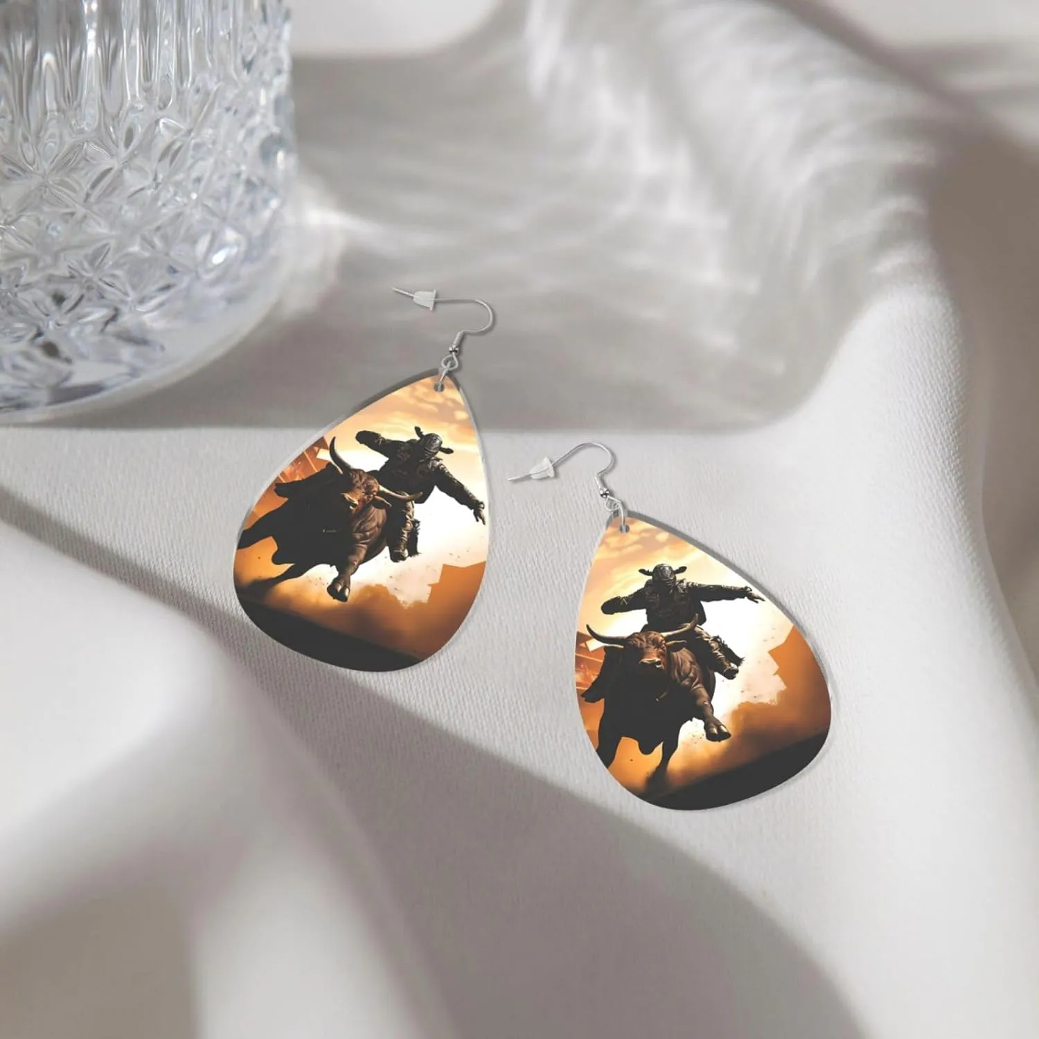 Stylish Drop-Shaped Acrylic Earrings Lightweight Printed Teardrop Dangle Earrings for Women (Cool Bull Riding)