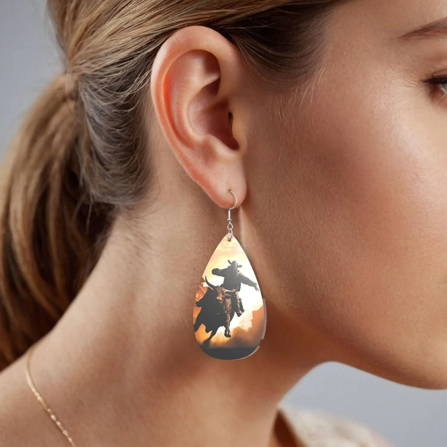 Stylish Drop-Shaped Acrylic Earrings Lightweight Printed Teardrop Dangle Earrings for Women (Cool Bull Riding)