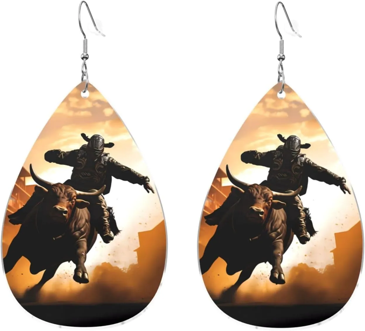 Stylish Drop-Shaped Acrylic Earrings Lightweight Printed Teardrop Dangle Earrings for Women (Cool Bull Riding)