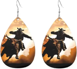 Stylish Drop-Shaped Acrylic Earrings Lightweight Printed Teardrop Dangle Earrings for Women (Cool Bull Riding)