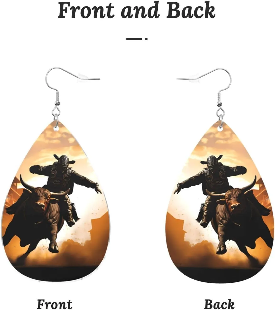 Stylish Drop-Shaped Acrylic Earrings Lightweight Printed Teardrop Dangle Earrings for Women (Cool Bull Riding)