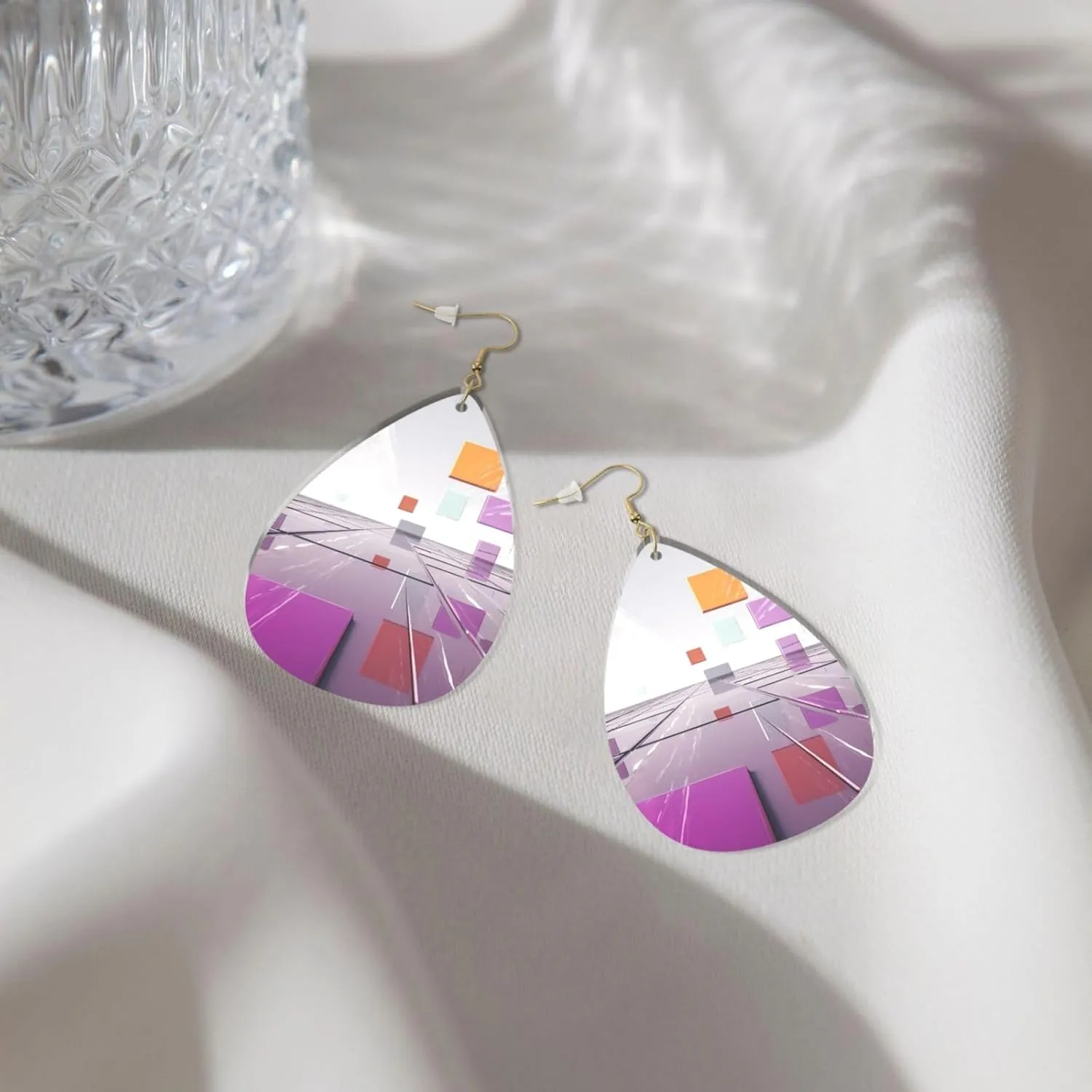 Stylish Drop-Shaped Acrylic Earrings Lightweight Printed Teardrop Dangle Earrings for Women (Different Colored Squares)