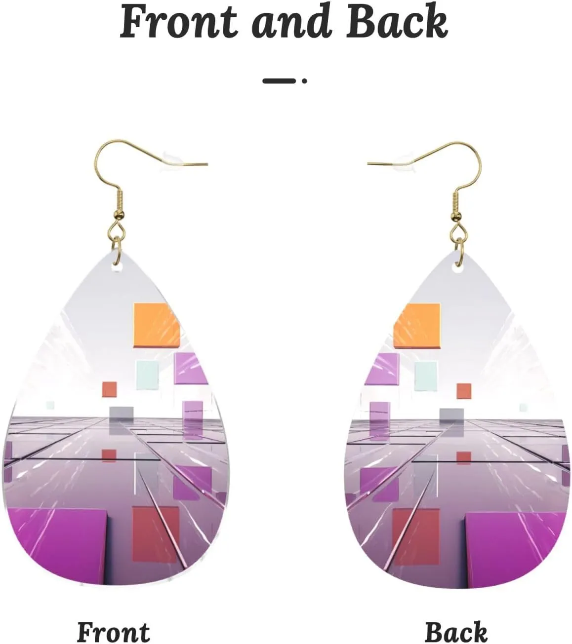 Stylish Drop-Shaped Acrylic Earrings Lightweight Printed Teardrop Dangle Earrings for Women (Different Colored Squares)