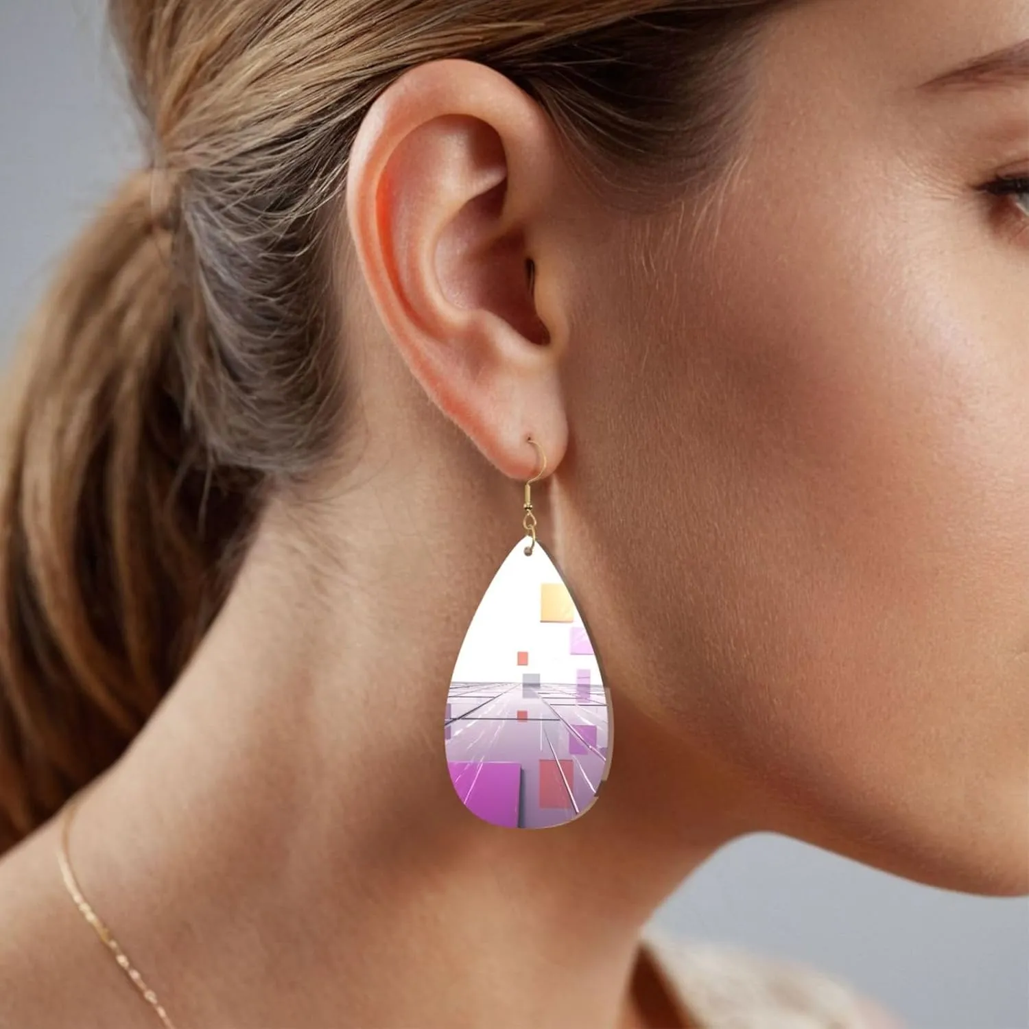 Stylish Drop-Shaped Acrylic Earrings Lightweight Printed Teardrop Dangle Earrings for Women (Different Colored Squares)