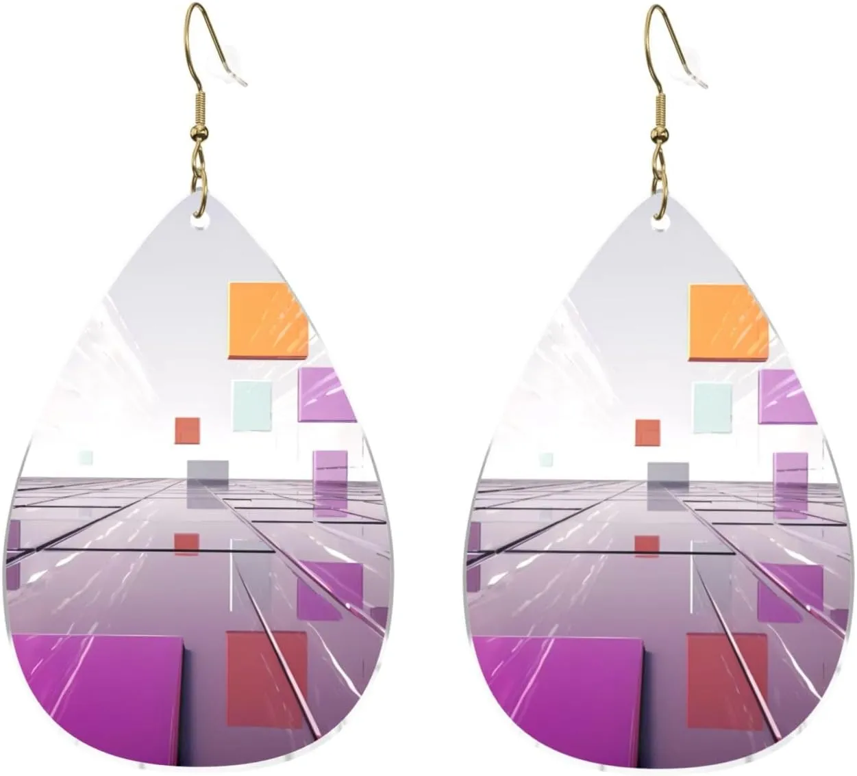 Stylish Drop-Shaped Acrylic Earrings Lightweight Printed Teardrop Dangle Earrings for Women (Different Colored Squares)